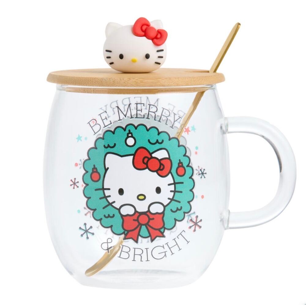 NEW Sanrio Hello Kitty Christmas Holiday Glass Mug with Wood Lid & Spoon 17 oz.